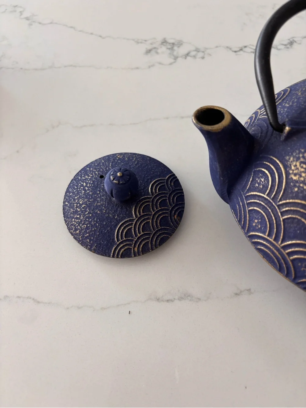 Blue Cast Iron Teapot with Gold Accent - Home Art